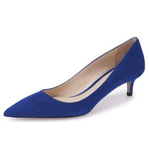 YDN Women's Low Kitten Heeled Pumps Pointed Toe Dress Shoes Blue Suede Shoes